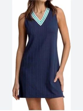 Southern Tide Navy Blue Sleeveless V‑Neck Mini Dress with Stripe Trim